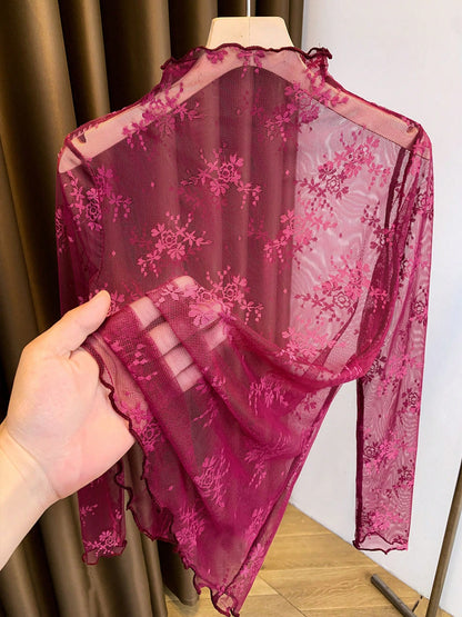 2025 New High Neck Lace Layered Mesh Sheer Blouse, Long Sleeve Thin Gauze Undershirt For Spring, Summer & Autumn Casual