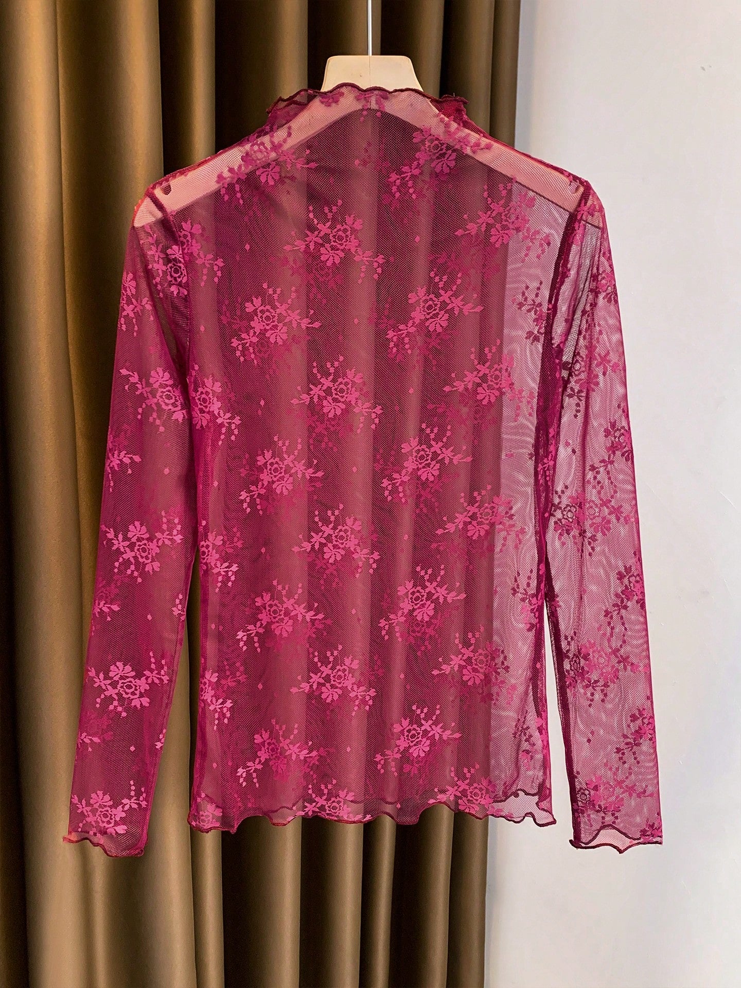 2025 New High Neck Lace Layered Mesh Sheer Blouse, Long Sleeve Thin Gauze Undershirt For Spring, Summer & Autumn Casual