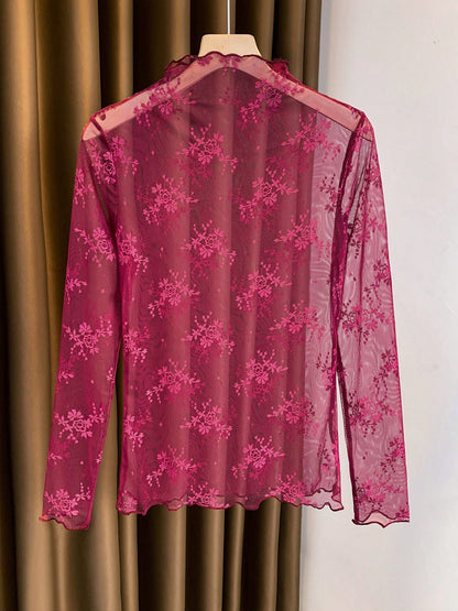 2025 New High Neck Lace Layered Mesh Sheer Blouse, Long Sleeve Thin Gauze Undershirt For Spring, Summer & Autumn Casual