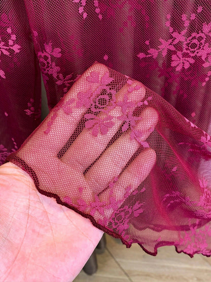 2025 New High Neck Lace Layered Mesh Sheer Blouse, Long Sleeve Thin Gauze Undershirt For Spring, Summer & Autumn Casual