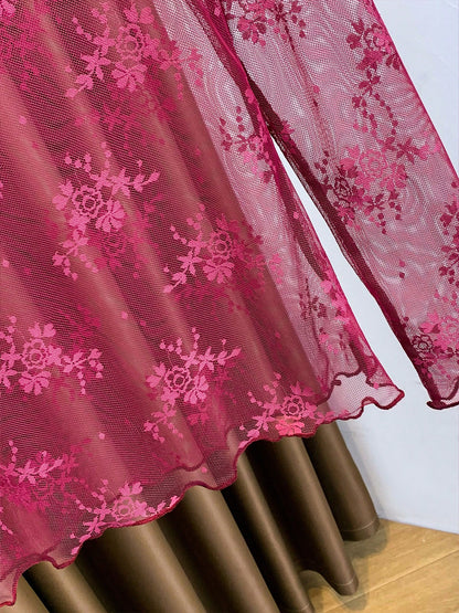 2025 New High Neck Lace Layered Mesh Sheer Blouse, Long Sleeve Thin Gauze Undershirt For Spring, Summer & Autumn Casual