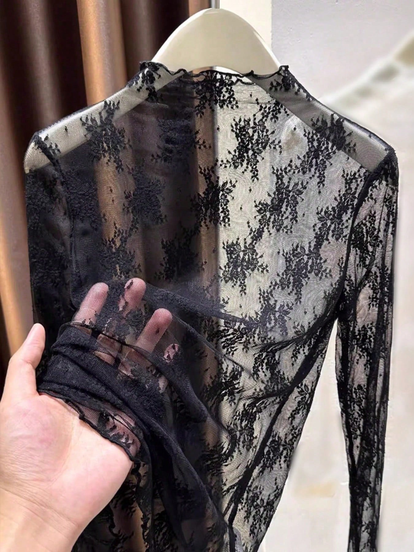 2025 New High Neck Lace Layered Mesh Sheer Blouse, Long Sleeve Thin Gauze Undershirt For Spring, Summer & Autumn Casual