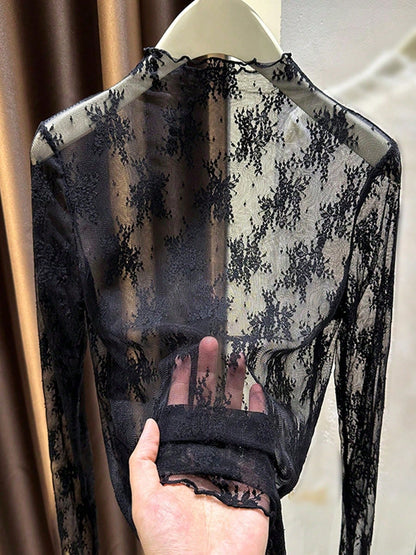 2025 New High Neck Lace Layered Mesh Sheer Blouse, Long Sleeve Thin Gauze Undershirt For Spring, Summer & Autumn Casual