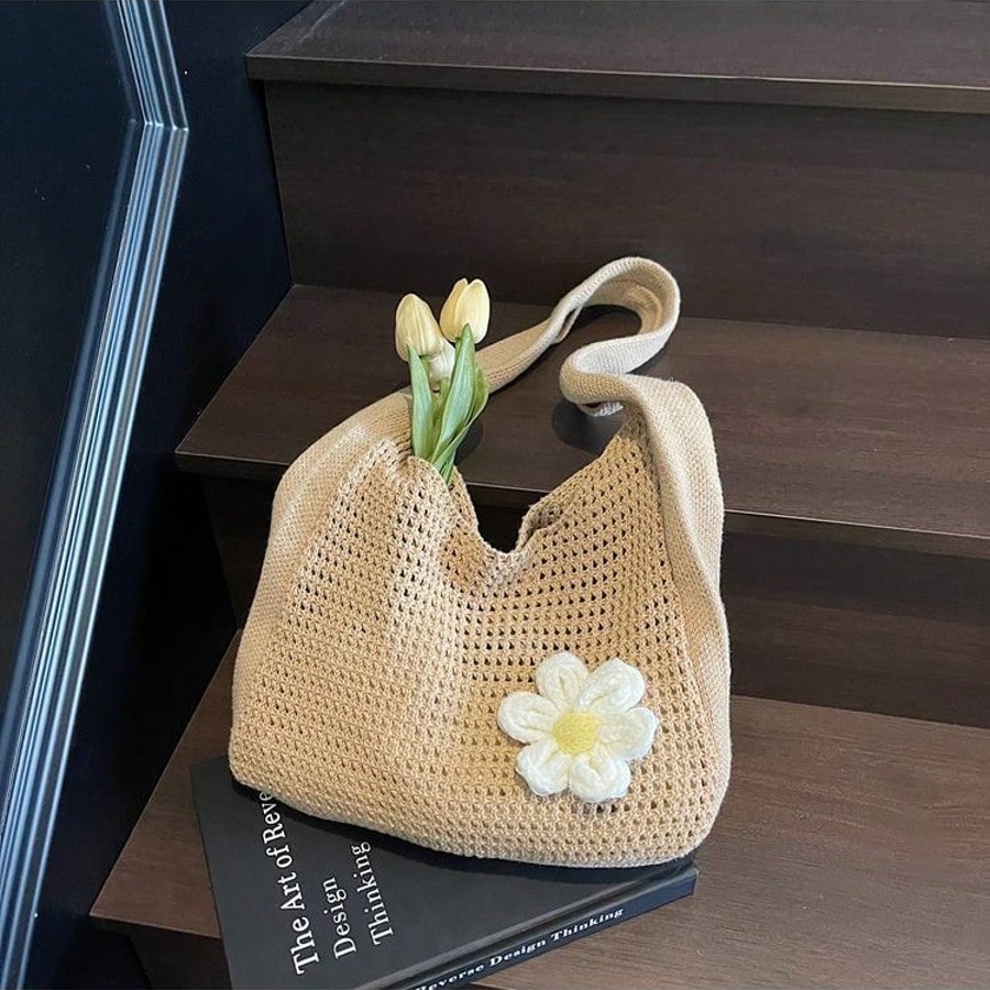 2025new One Shoulder Woven Bag, New Vacation Casual Beach Bag, Crochet Woven Tote Handbag, Back To School Student Project Bag