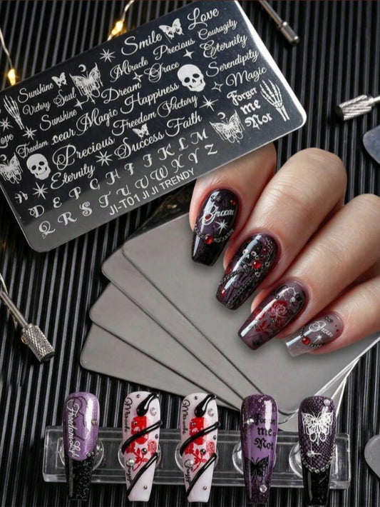 2026 Halloween Gothic Nail Stamping Plate, Vintage Cursive Letter Butterfly Skull Skeleton Hand Star Nail Art Printing Template, DIY Manicure Tool For Halloween Dark Stainless Steel Nail Stamp Stencil