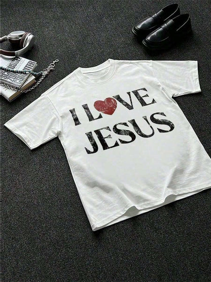 2026 Men's & Women's T-Shirts 100% Cotton I Love Jesus Distressed Graphic Print Perfect For Christian Men Daily Wear Is An Ideal Gift Choice.
