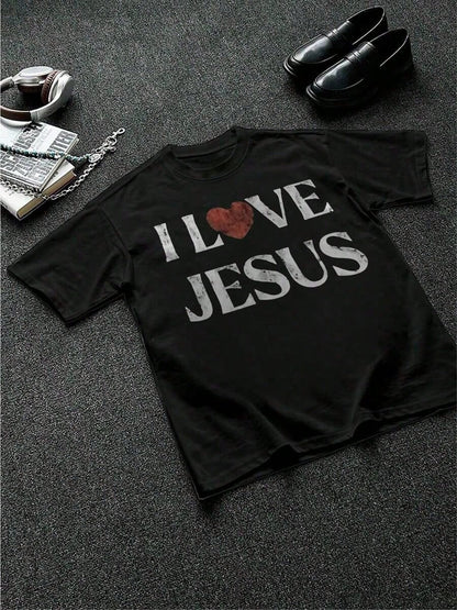2026 Men's & Women's T-Shirts 100% Cotton I Love Jesus Distressed Graphic Print Perfect For Christian Men Daily Wear Is An Ideal Gift Choice.