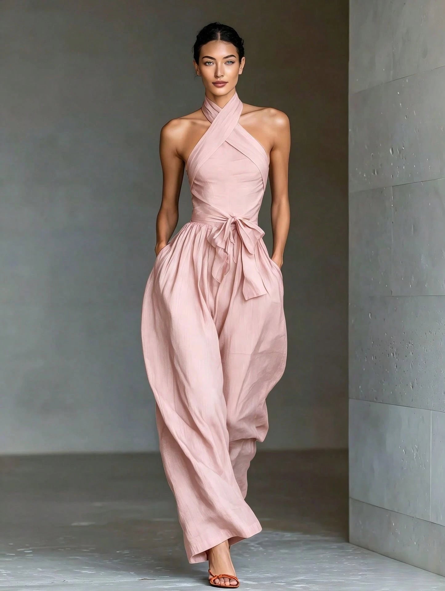 2026 New Cross Cami Jumpsuit Women Tie Waist Wide Leg Casual Romper