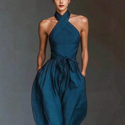2026 New Cross Cami Jumpsuit Women Tie Waist Wide Leg Casual Romper