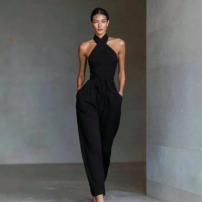 2026 New Cross Cami Jumpsuit Women Tie Waist Wide Leg Casual Romper