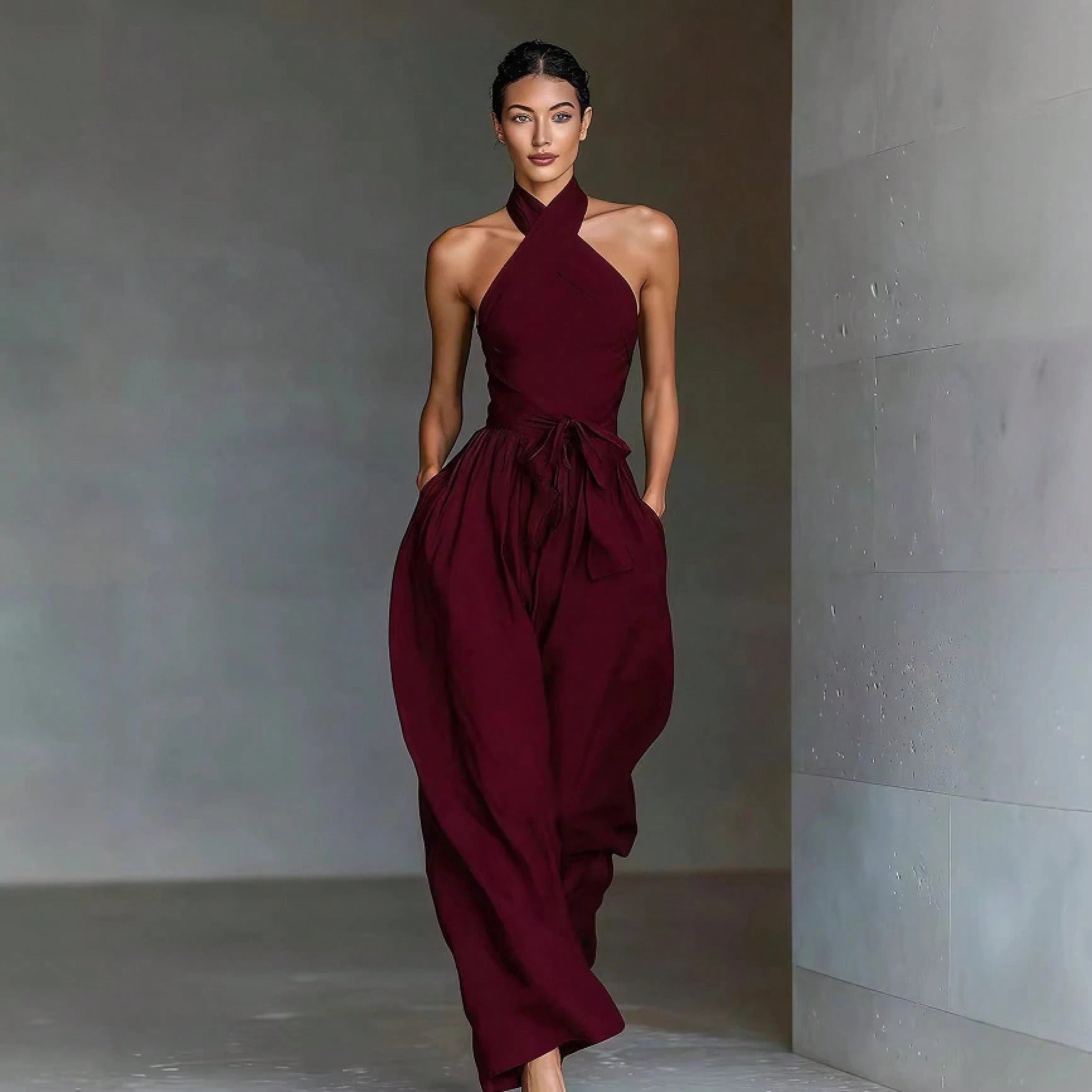 2026 New Cross Cami Jumpsuit Women Tie Waist Wide Leg Casual Romper