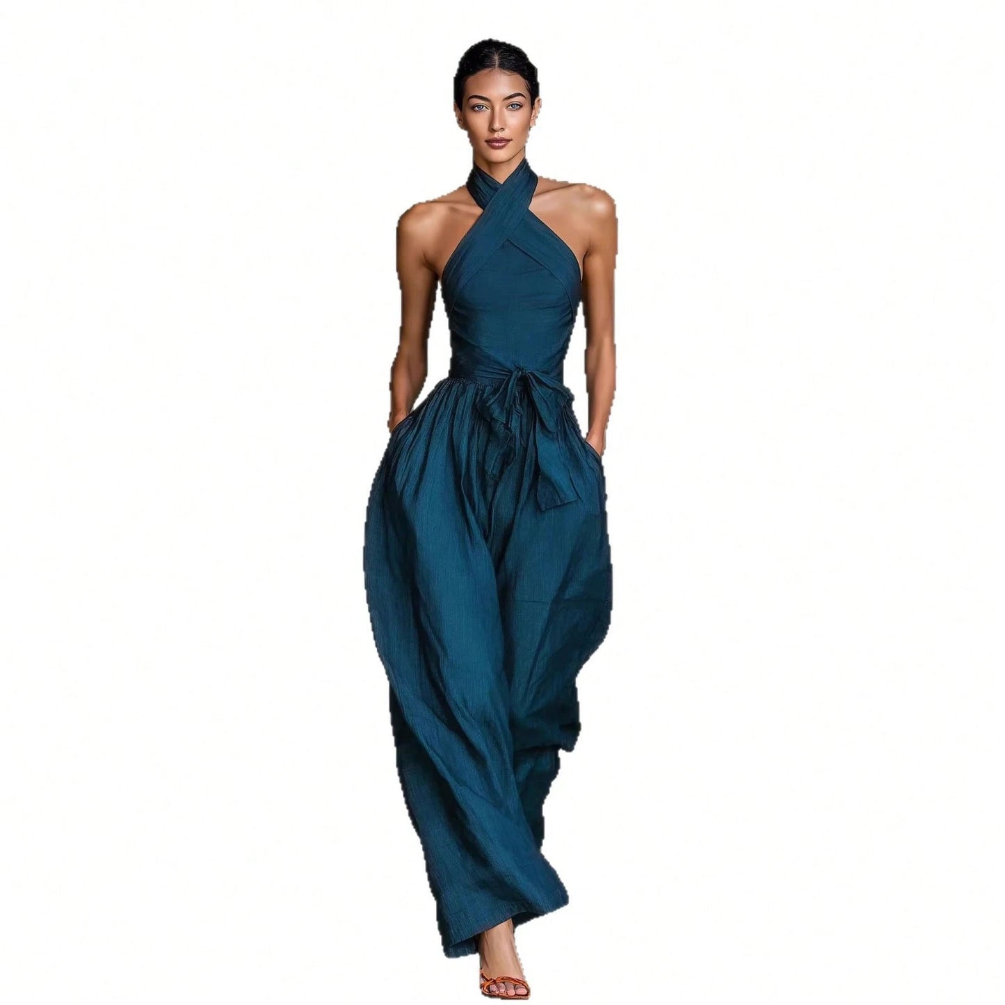 2026 New Cross Cami Jumpsuit Women Tie Waist Wide Leg Casual Romper