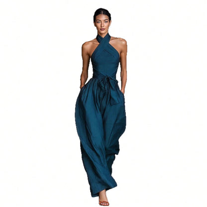 2026 New Cross Cami Jumpsuit Women Tie Waist Wide Leg Casual Romper