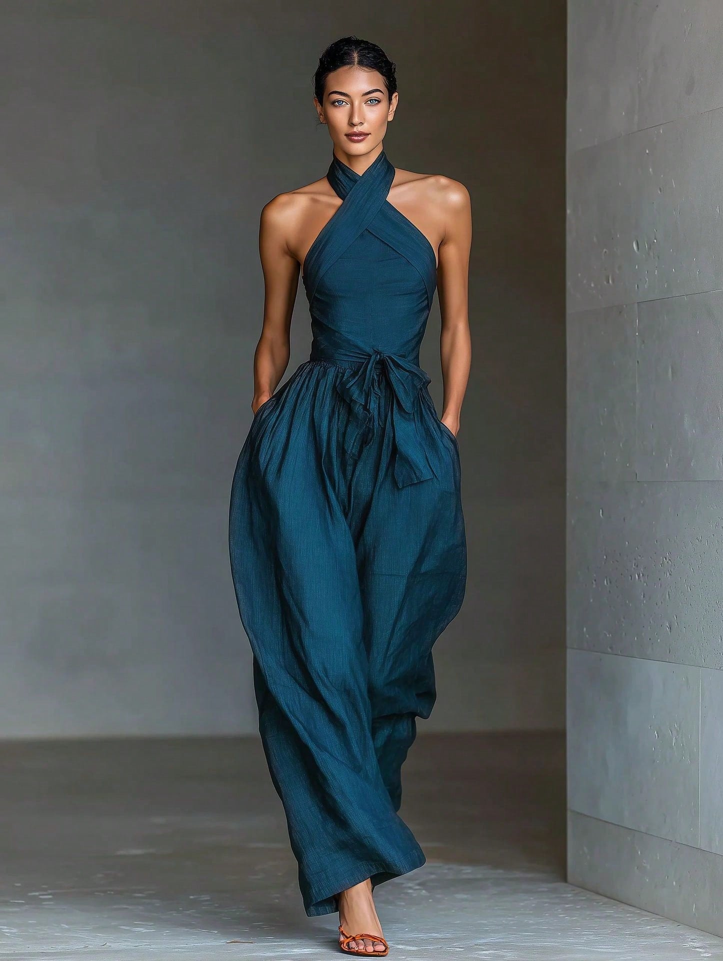 2026 New Cross Cami Jumpsuit Women Tie Waist Wide Leg Casual Romper