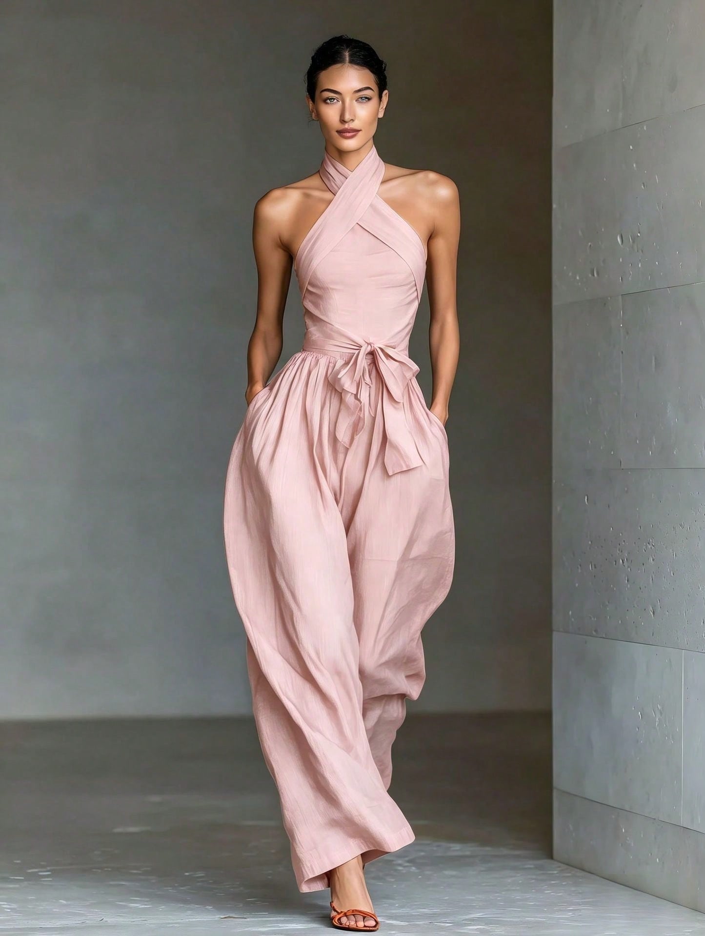 2026 New Cross Cami Jumpsuit Women Tie Waist Wide Leg Casual Romper
