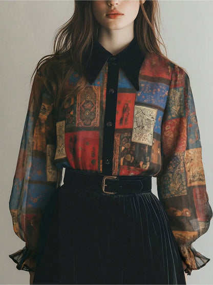2026 New Exotic Totem Patchwork Chiffon Blouse, Retro Geometric Collage Chiffon Shirt With Contrast Collar, Lantern Sleeve Sheer Top, Print Boho Dark Academia Layering Essential, Plus Size Friendly, V