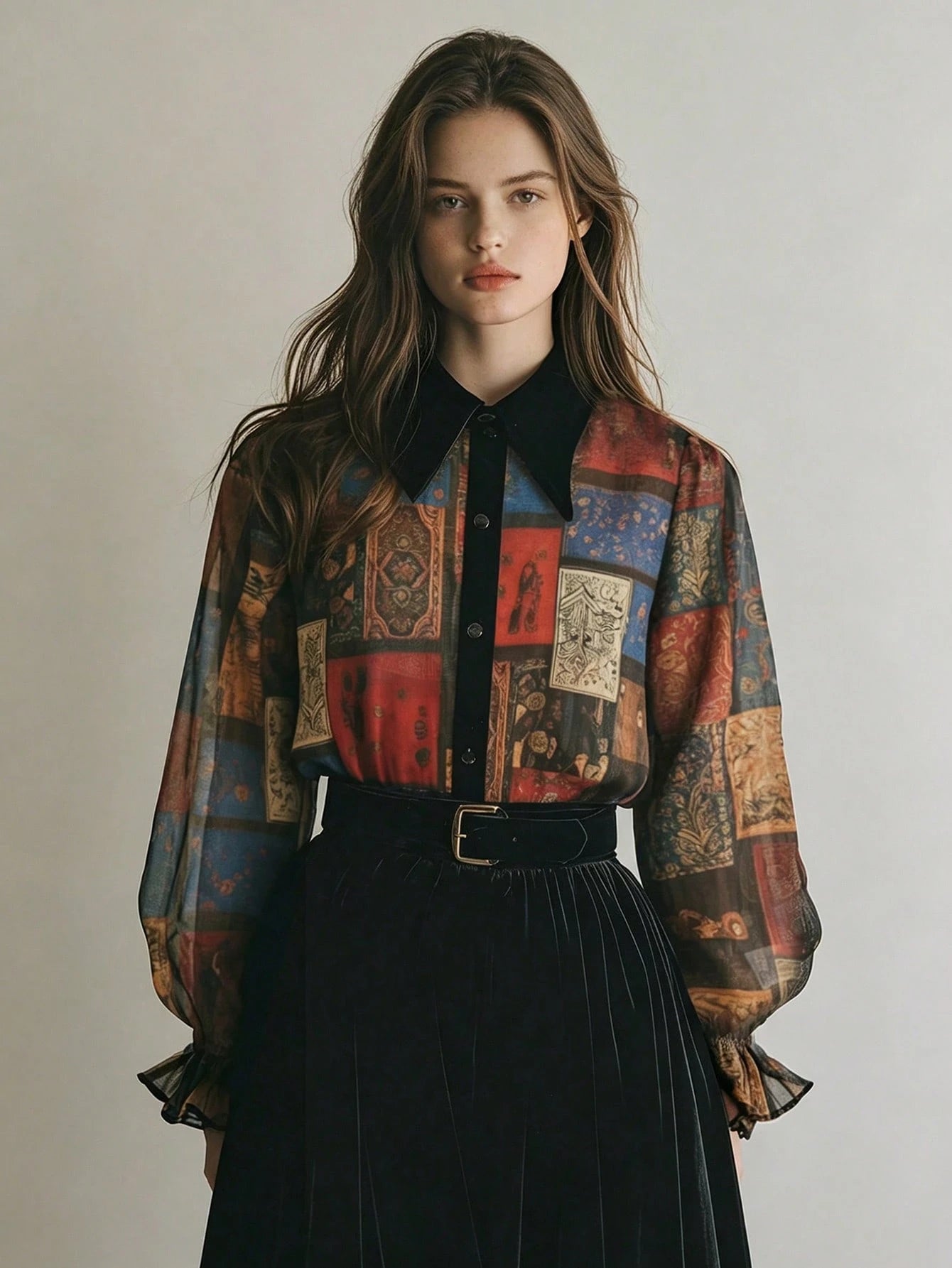 2026 New Exotic Totem Patchwork Chiffon Blouse, Retro Geometric Collage Chiffon Shirt With Contrast Collar, Lantern Sleeve Sheer Top, Print Boho Dark Academia Layering Essential, Plus Size Friendly, V