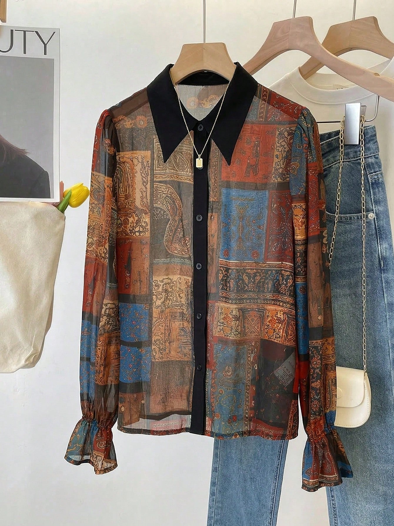 2026 New Exotic Totem Patchwork Chiffon Blouse, Retro Geometric Collage Chiffon Shirt With Contrast Collar, Lantern Sleeve Sheer Top, Print Boho Dark Academia Layering Essential, Plus Size Friendly, V