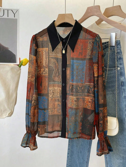 2026 New Exotic Totem Patchwork Chiffon Blouse, Retro Geometric Collage Chiffon Shirt With Contrast Collar, Lantern Sleeve Sheer Top, Print Boho Dark Academia Layering Essential, Plus Size Friendly, V