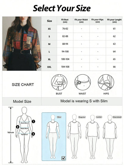 2026 New Exotic Totem Patchwork Chiffon Blouse, Retro Geometric Collage Chiffon Shirt With Contrast Collar, Lantern Sleeve Sheer Top, Print Boho Dark Academia Layering Essential, Plus Size Friendly, V