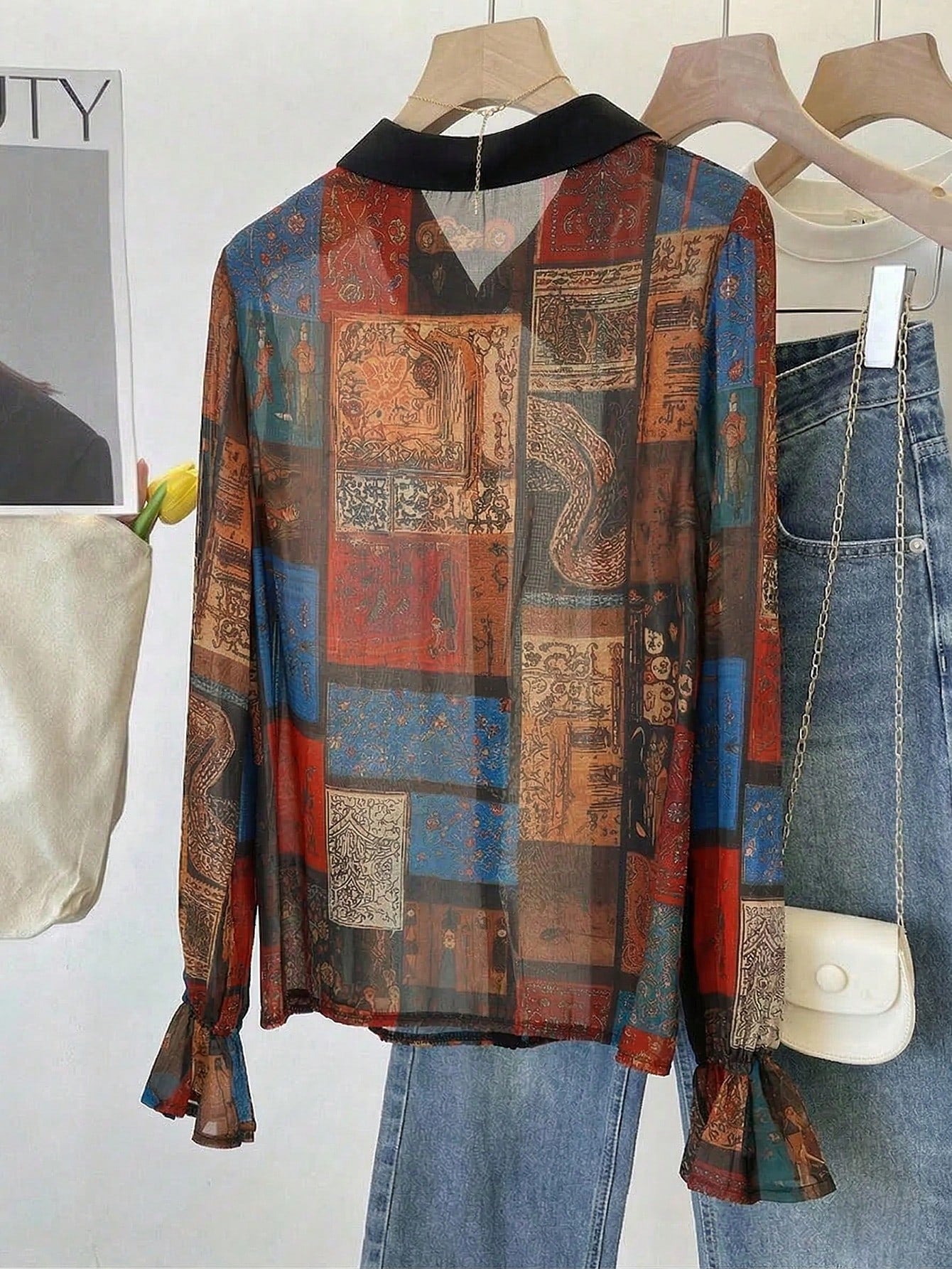 2026 New Exotic Totem Patchwork Chiffon Blouse, Retro Geometric Collage Chiffon Shirt With Contrast Collar, Lantern Sleeve Sheer Top, Print Boho Dark Academia Layering Essential, Plus Size Friendly, V