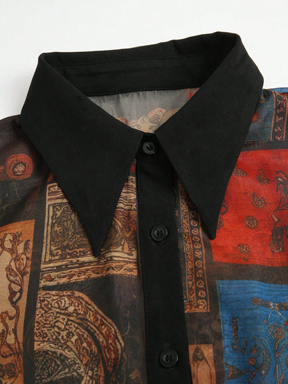 2026 New Exotic Totem Patchwork Chiffon Blouse, Retro Geometric Collage Chiffon Shirt With Contrast Collar, Lantern Sleeve Sheer Top, Print Boho Dark Academia Layering Essential, Plus Size Friendly, V