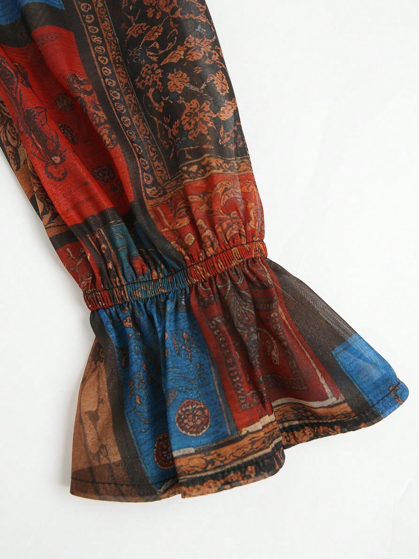 2026 New Exotic Totem Patchwork Chiffon Blouse, Retro Geometric Collage Chiffon Shirt With Contrast Collar, Lantern Sleeve Sheer Top, Print Boho Dark Academia Layering Essential, Plus Size Friendly, V