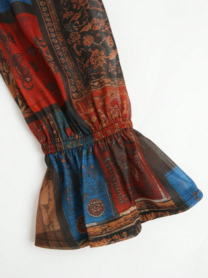2026 New Exotic Totem Patchwork Chiffon Blouse, Retro Geometric Collage Chiffon Shirt With Contrast Collar, Lantern Sleeve Sheer Top, Print Boho Dark Academia Layering Essential, Plus Size Friendly, V