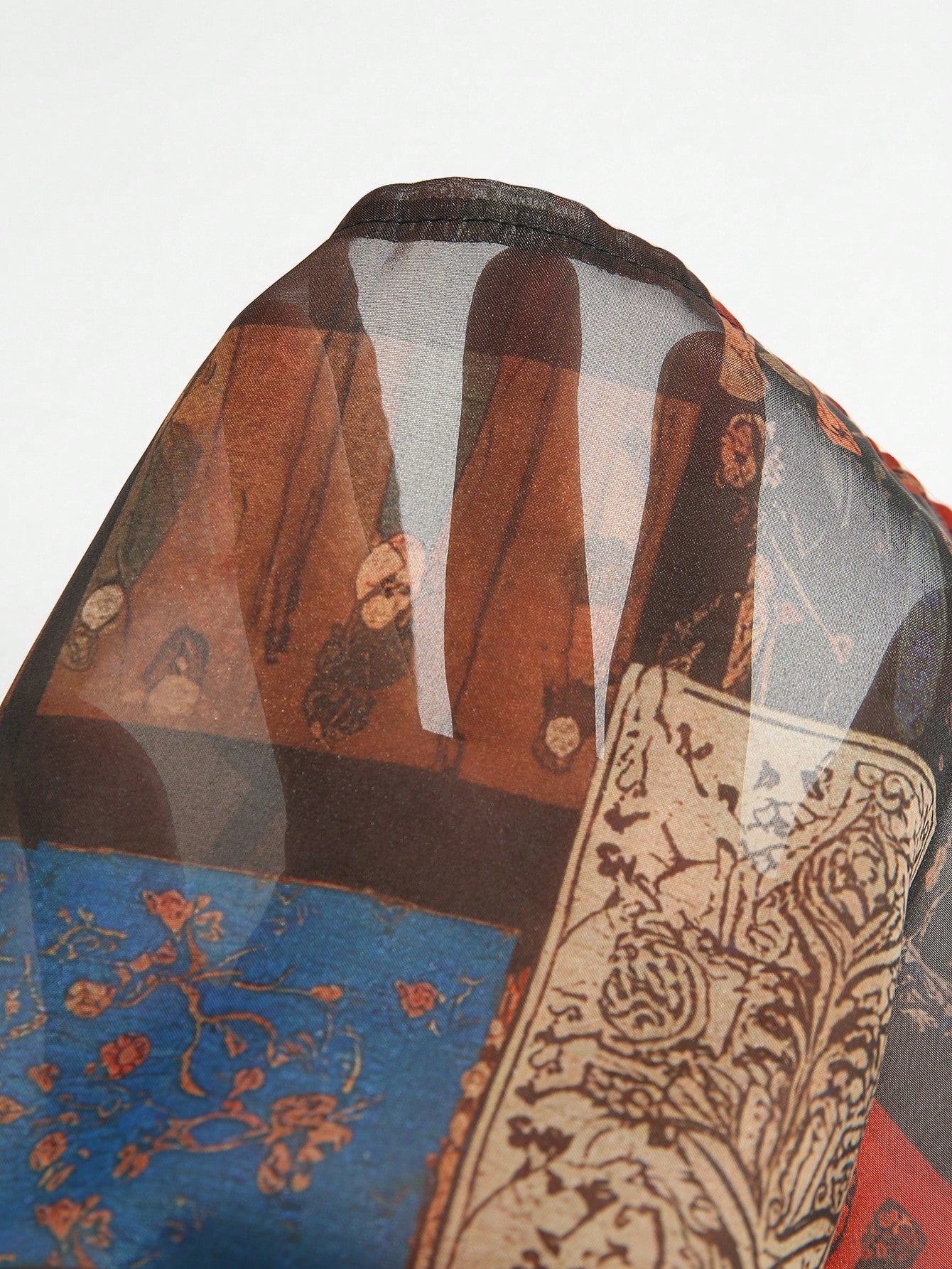 2026 New Exotic Totem Patchwork Chiffon Blouse, Retro Geometric Collage Chiffon Shirt With Contrast Collar, Lantern Sleeve Sheer Top, Print Boho Dark Academia Layering Essential, Plus Size Friendly, V