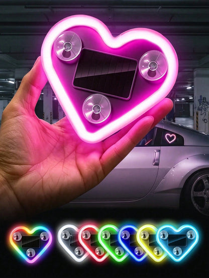 2026 New Heart-Shaped LED Solar Powered Car Atmosphere Light, Suitable For Women's Car Accessories, Heart-Shaped Neon Window Decoration Light, With Automatic Sensing Design, 5 Lighting Modes, Perfect