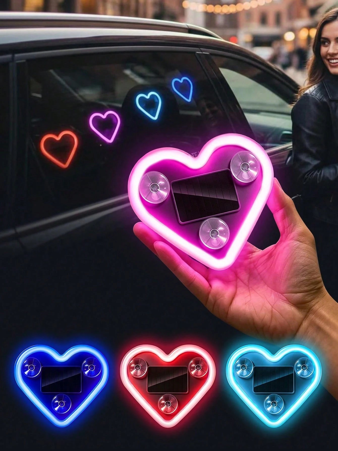 2026 New Heart-Shaped LED Solar Powered Car Atmosphere Light, Suitable For Women's Car Accessories, Heart-Shaped Neon Window Decoration Light, With Automatic Sensing Design, 5 Lighting Modes, Perfect