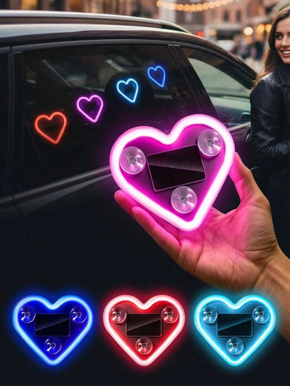 2026 New Heart-Shaped LED Solar Powered Car Atmosphere Light, Suitable For Women's Car Accessories, Heart-Shaped Neon Window Decoration Light, With Automatic Sensing Design, 5 Lighting Modes, Perfect