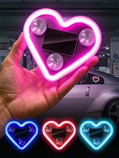 2026 New Heart-Shaped LED Solar Powered Car Atmosphere Light, Suitable For Women's Car Accessories, Heart-Shaped Neon Window Decoration Light, With Automatic Sensing Design, 5 Lighting Modes, Perfect