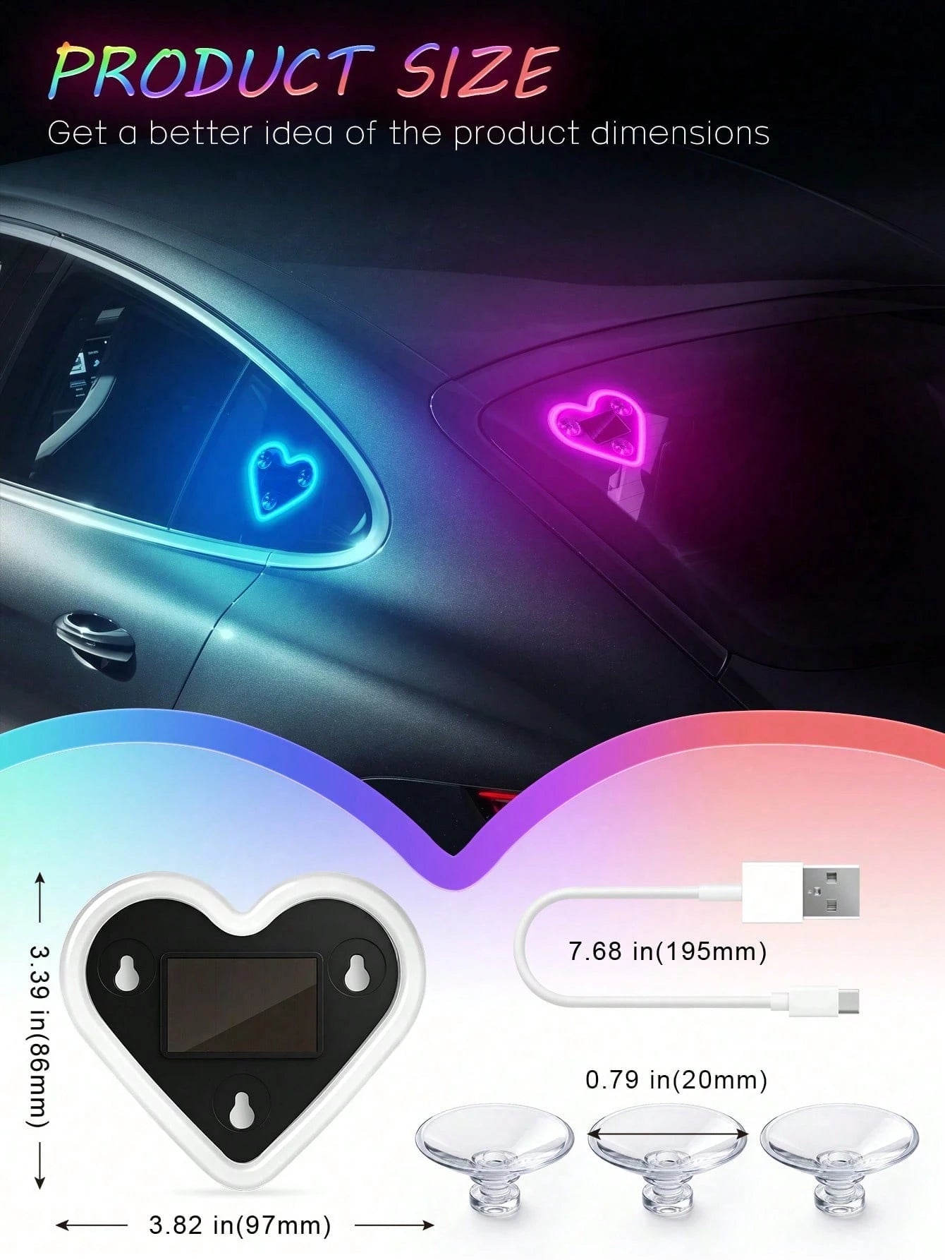 2026 New Heart-Shaped LED Solar Powered Car Atmosphere Light, Suitable For Women's Car Accessories, Heart-Shaped Neon Window Decoration Light, With Automatic Sensing Design, 5 Lighting Modes, Perfect