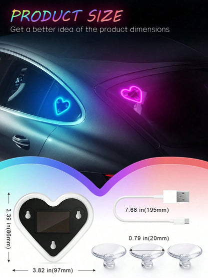 2026 New Heart-Shaped LED Solar Powered Car Atmosphere Light, Suitable For Women's Car Accessories, Heart-Shaped Neon Window Decoration Light, With Automatic Sensing Design, 5 Lighting Modes, Perfect