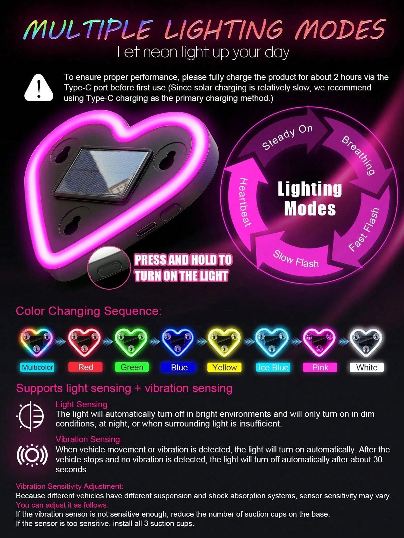2026 New Heart-Shaped LED Solar Powered Car Atmosphere Light, Suitable For Women's Car Accessories, Heart-Shaped Neon Window Decoration Light, With Automatic Sensing Design, 5 Lighting Modes, Perfect