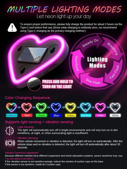 2026 New Heart-Shaped LED Solar Powered Car Atmosphere Light, Suitable For Women's Car Accessories, Heart-Shaped Neon Window Decoration Light, With Automatic Sensing Design, 5 Lighting Modes, Perfect