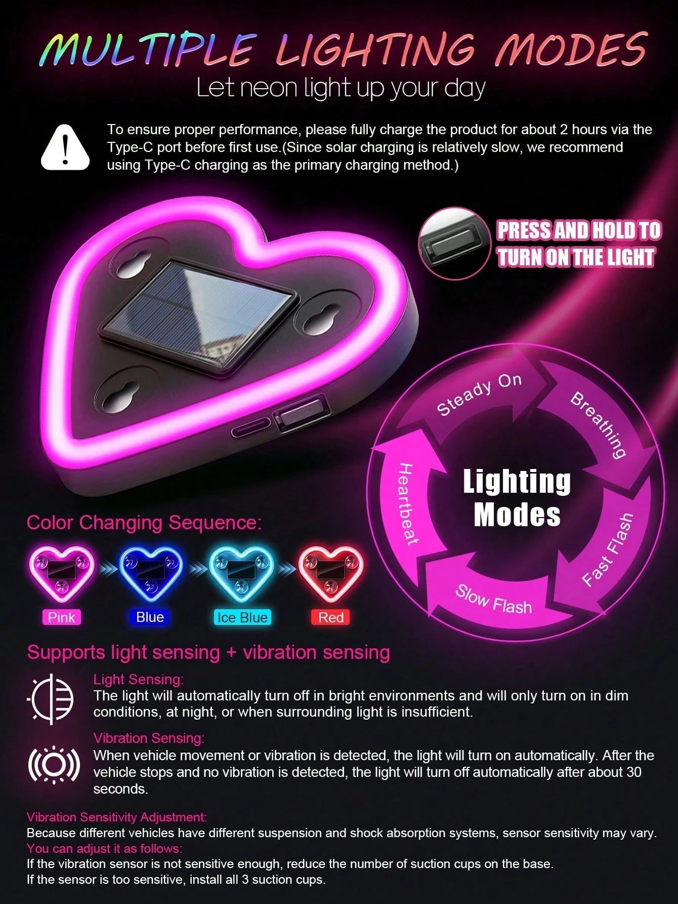 2026 New Heart-Shaped LED Solar Powered Car Atmosphere Light, Suitable For Women's Car Accessories, Heart-Shaped Neon Window Decoration Light, With Automatic Sensing Design, 5 Lighting Modes, Perfect