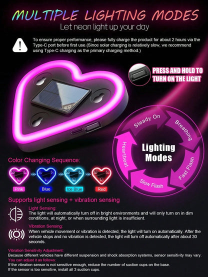 2026 New Heart-Shaped LED Solar Powered Car Atmosphere Light, Suitable For Women's Car Accessories, Heart-Shaped Neon Window Decoration Light, With Automatic Sensing Design, 5 Lighting Modes, Perfect