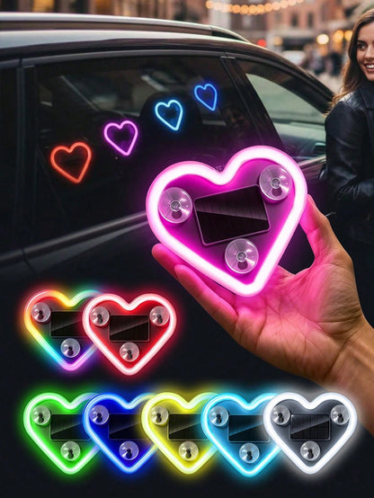 2026 New Heart-Shaped LED Solar Powered Car Atmosphere Light, Suitable For Women's Car Accessories, Heart-Shaped Neon Window Decoration Light, With Automatic Sensing Design, 5 Lighting Modes, Perfect