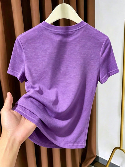 2026 New Knitted Face Mask Short Sleeve Undershirt, Women's Summer Thin Round Neck White T-Shirt Casual