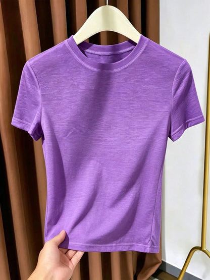2026 New Knitted Face Mask Short Sleeve Undershirt, Women's Summer Thin Round Neck White T-Shirt Casual