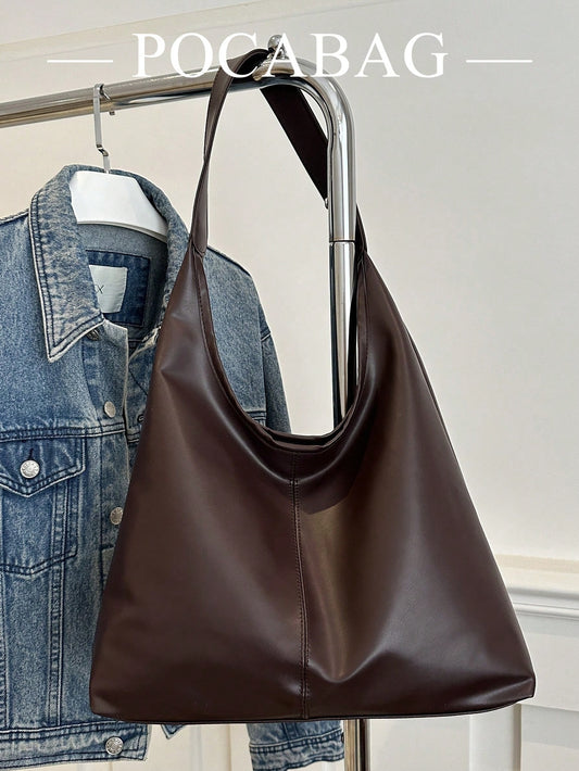 2026 New Solid Color Fashion Commuter Tote Bag, Minimalist Niche Design, Large Capacity, PU Material