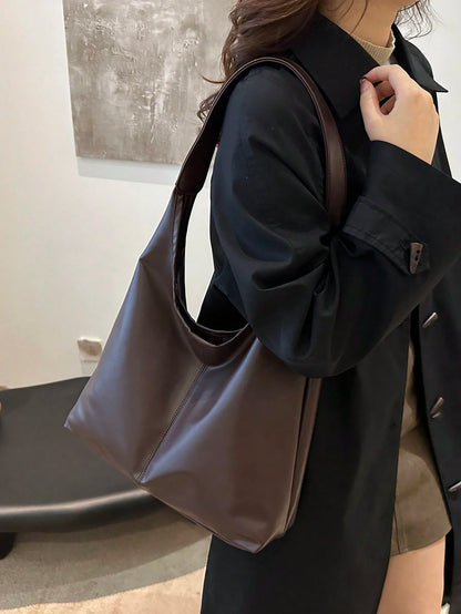 2026 New Solid Color Fashion Commuter Tote Bag, Minimalist Niche Design, Large Capacity, PU Material