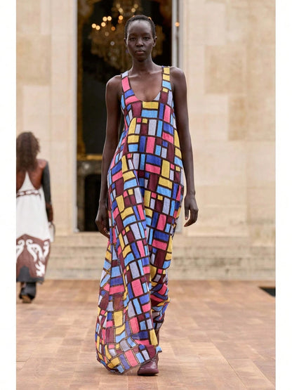 2026 Spring Summer European American Printed Colorful Sleeveless Loose Fit Elegant Long Dress For Women