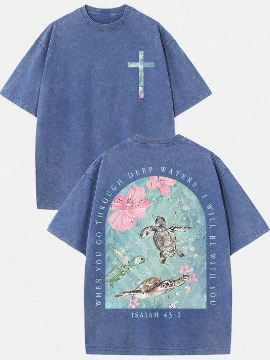 2026 Summer Clothes(230g T-Shirt) Loose Washed Cotton "When You Go Through Deep Waters" Turtle Graphic T-Shirt, Comfortable Christian Faith Tee With