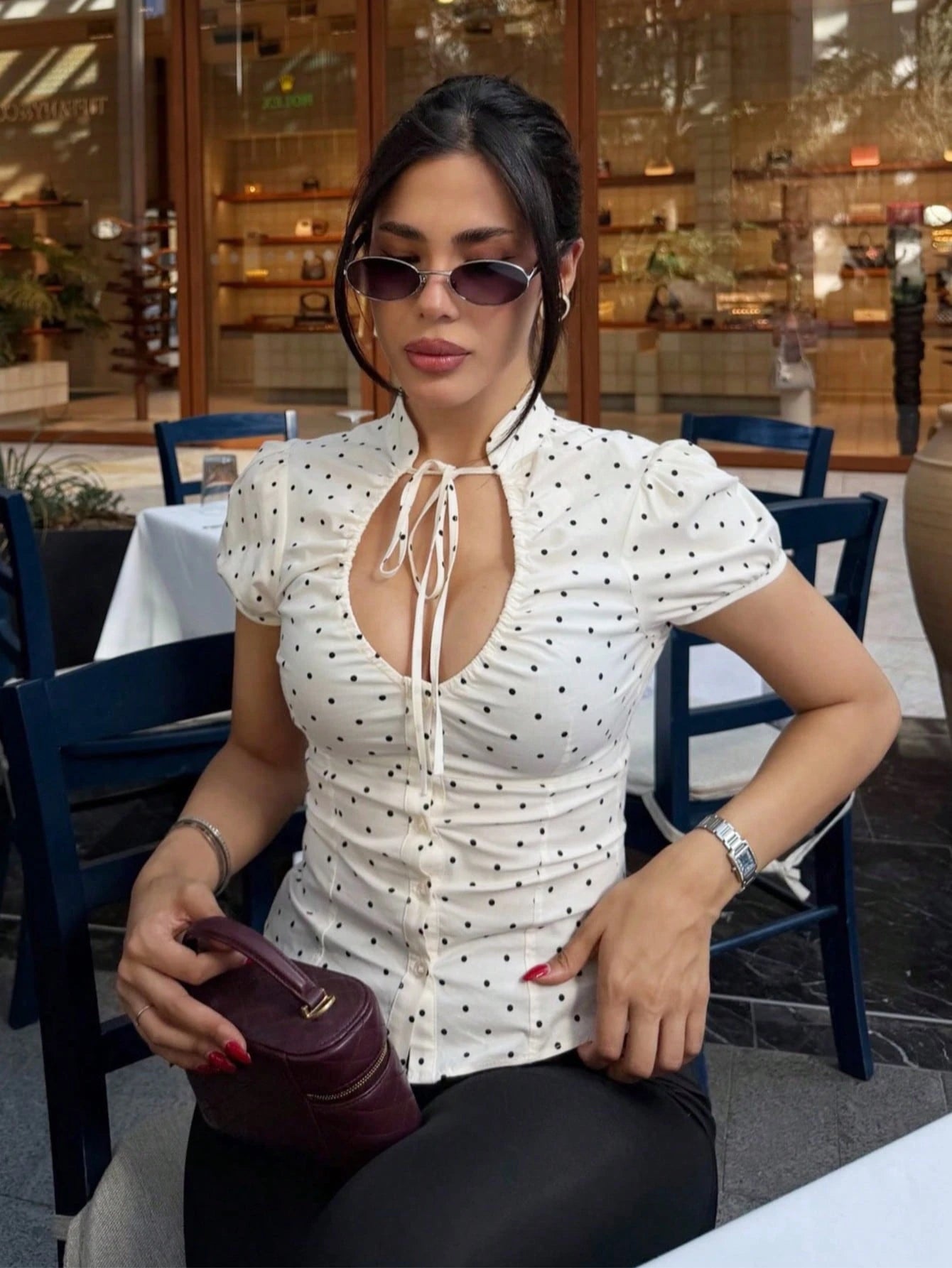2026 Summer New French Sweet Fashion V-Neck Short Sleeve Blouse With Bow Tie Waist Cinched, Polka Dot Casual Wear For Date, Brunch, Daily White