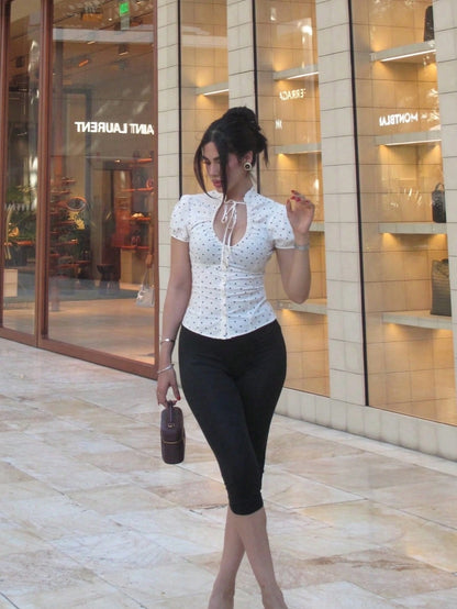 2026 Summer New French Sweet Fashion V-Neck Short Sleeve Blouse With Bow Tie Waist Cinched, Polka Dot Casual Wear For Date, Brunch, Daily White