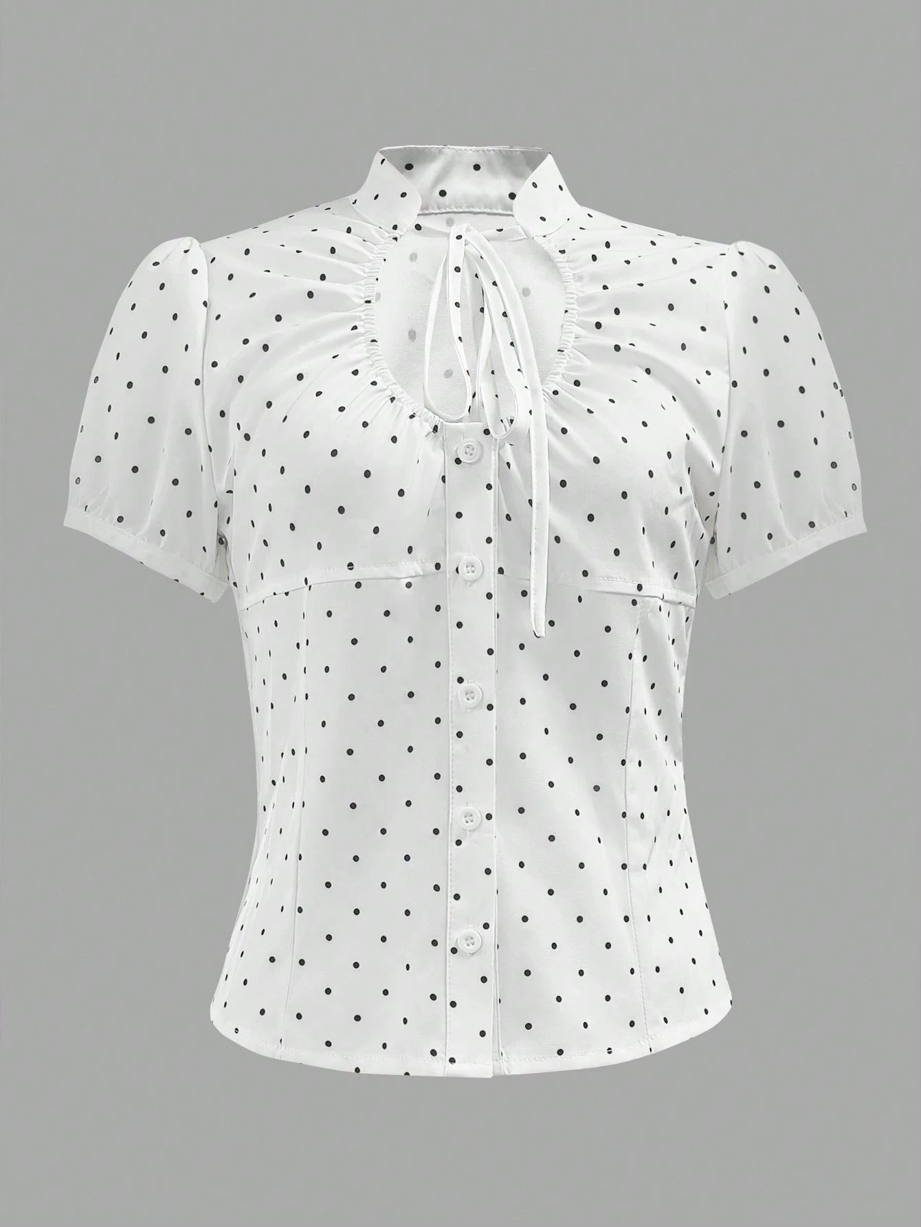 2026 Summer New French Sweet Fashion V-Neck Short Sleeve Blouse With Bow Tie Waist Cinched, Polka Dot Casual Wear For Date, Brunch, Daily White