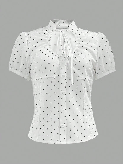 2026 Summer New French Sweet Fashion V-Neck Short Sleeve Blouse With Bow Tie Waist Cinched, Polka Dot Casual Wear For Date, Brunch, Daily White